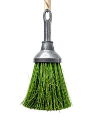 A close-up shot of a small cleaning tool, with bright green bristles and wooden handle