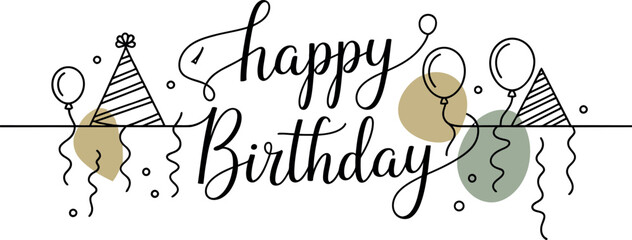 A festive happy birthday sign with balloons and party hats on a white background