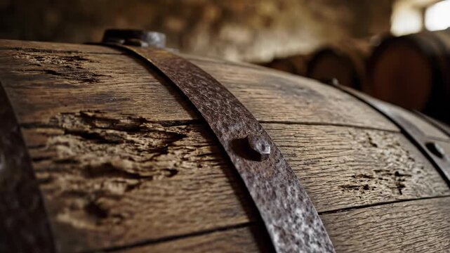 Rack focus movement highlighting the rough weathered wood staves texture of an antique oak wine barrel surface with subtle ambient light antique oak wine barrel surface, vintage, rustic