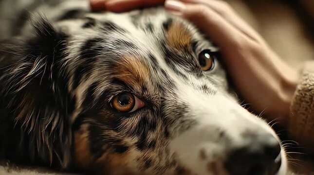 Gentle human hand petting a beautiful merle Australian Shepherd dog's head.
