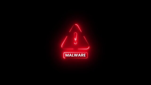 Glowing malware symbol with triangular alert sign animation isolated on black background