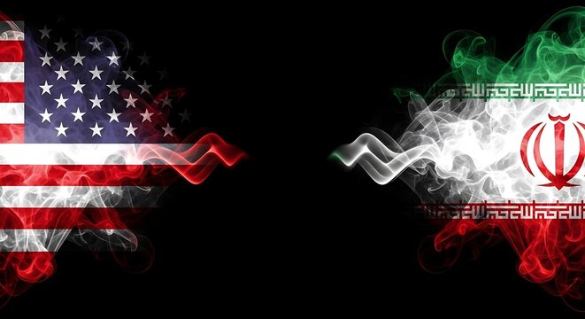 United states and iran flag smoke effect on black background