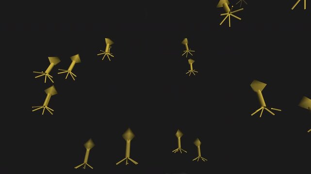 Computed 3D visualization of geometric bacteriophages landing on an organic cell surface. Seamless loop with SEM aesthetic. Schematic representation of viral binding for medical and scientific.