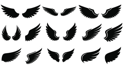 Obraz premium Collection of black wings in various shapes and sizes arranged on a white background