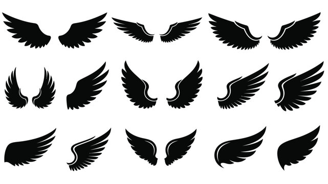 Collection of black wings in various shapes and sizes arranged on a white background