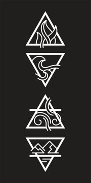 Four nature basic elements fire water wind and earth symbols with white line triangle shape on black background vector design