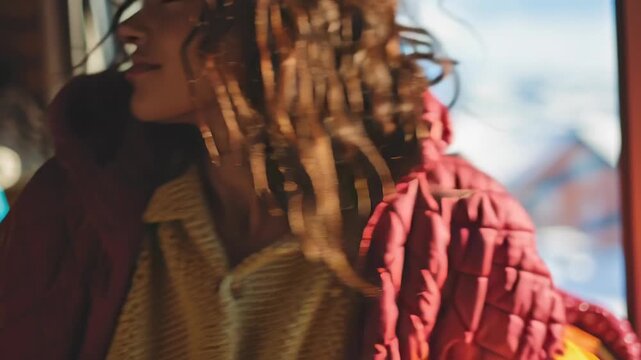 Colorful winter lifestyle in cold weather, cozy indoor living, vibrant layered clothing tones, warm sunlight, lively yet comfortable atmosphere, commercial editorial photography