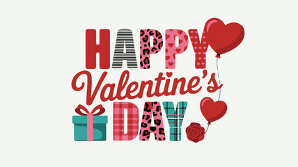 Happy Valentines Day text with hearts balloons gift and rose Keywords: happy valentine's day, valentine, love, hearts