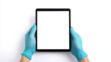 Professional holding modern digital tablet with blue protective gloves showcasing technology and safety in work environment.