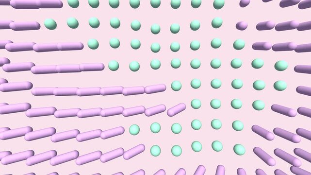 Dense colony of pastel pill-shaped bacilli and spherical cocci bacteria gently rotating and bobbing in a fluid medium. Seamless loop of procedural 3D geometric cells forming a protective microbiome 