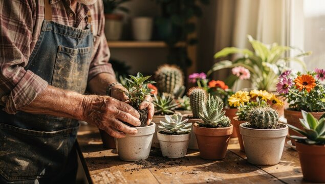 Senior man repotting cactus in greenhouse
