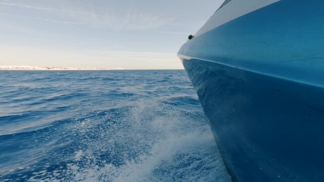 High speed motorboat moving fast on the blue surface of the sea. Splash from dissected waves. Close up starboard view of the vessel