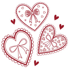 Fototapeta premium set of vector hearts Charming red outline hearts with intricate patterns and bows, perfect for romance and celebration