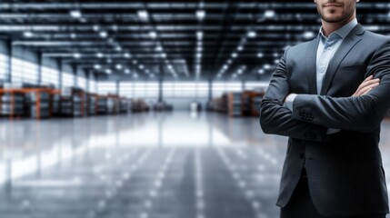 Professional businessman in elegant suit standing confidently in expansive industrial warehouse facility embodying corporate leadership and operational oversight.