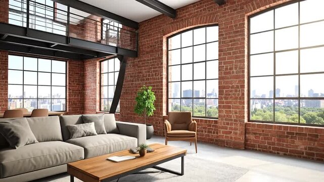 Modern industrial living space with exposed brick, large windows, and a mezzanine level
