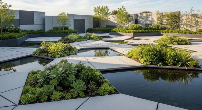 Modern Rooftop Garden with Water Features.