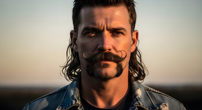 A portrait of a man with a distinctive mullet hairstyle and a large styled handlebar mustache wearing a denim jacket