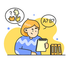 Problem Solving and Decision Making Concept. Cute Cartoon Character Analyzing Notebook with Jigsaw Puzzle and Question Marks