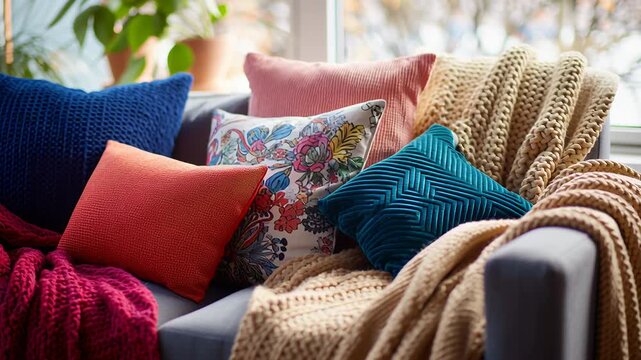 Colorful winter lifestyle casual home living, relaxed indoor scene, vibrant cushions and blankets, soft natural light, everyday comfort atmosphere, commercial editorial photography