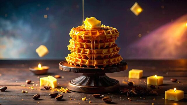 A stack of golden waffles with syrup being poured on top, in an ambient light setting