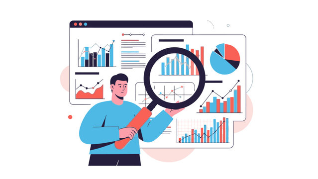 Illustration of a man holding a magnifying glass in front of a computer screen displaying various colorful graphs and charts.