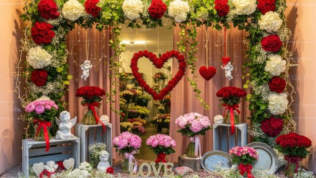 Romantische Blumenladen Dekoration mit Rosen Blumenbogen Herzschmuck Kerzen und festlicher Auslage f&uuml;r Hochzeit und Valentinstag Generative KI