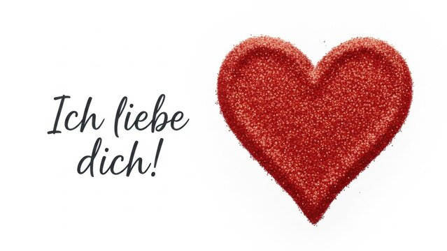 Glitzerndes rotes Herz neben dem Schriftzug Ich liebe dich auf wei&szlig;em Hintergrund als romantische Liebesbotschaft Generative KI