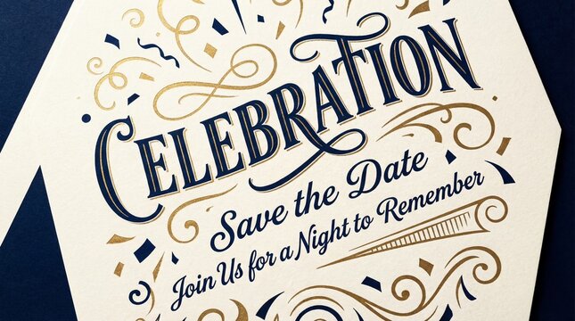 Celebration save date invitation elegant gold blue decorative typography festive announcement party memorable event