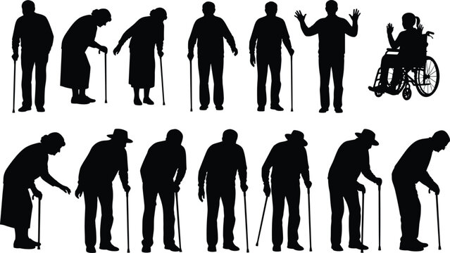 Black silhouettes of senior citizens and elderly people using walking sticks or wheelchairs in various standing and seated poses on white