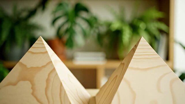 Rack focus transition moving the depth of field sharply from blurred green background plants and shelving to two wooden pyramids in the foreground geometry, focus, decor