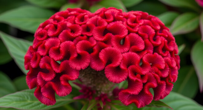 Macro shot of a celosia cristata flower with a rich red velvet texture