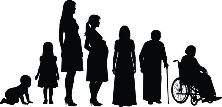 Female life stages silhouettes from infancy to elderly showing growth pregnancy aging mobility aid wheelchair cane minimalist vector set for healthcare education