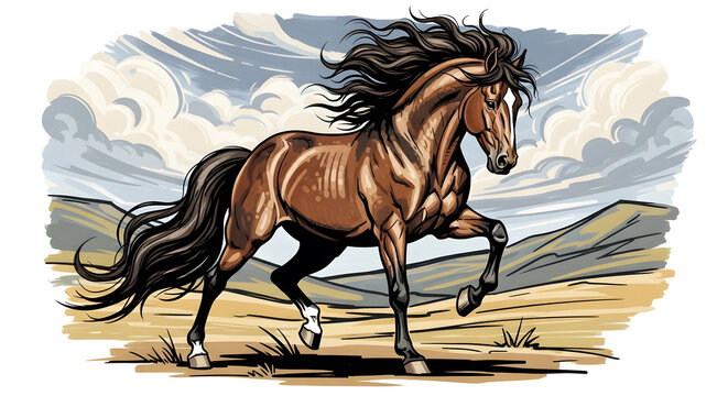A powerful brown stallion running with a flowing mane in a vast field
