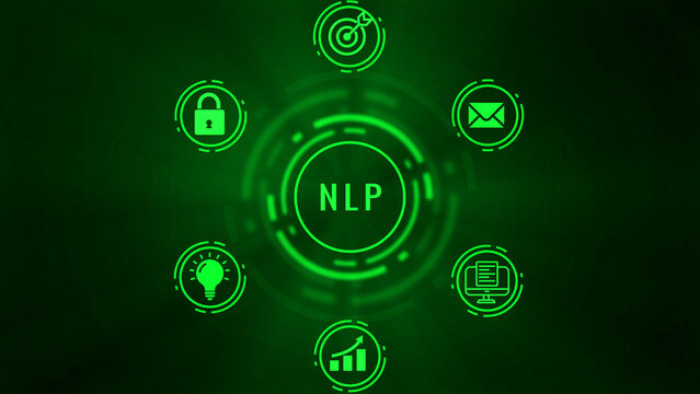 A natural language processing NLP) concept visualized as a central glowing neon green circle with the text NLP, surrounded by six interconnected for target, email, document, growth chart
