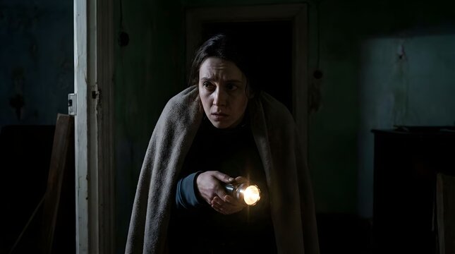 Woman holds flashlight in dark room while feeling fear and anxiety due to achluophobia in abandoned building at night Generative AI