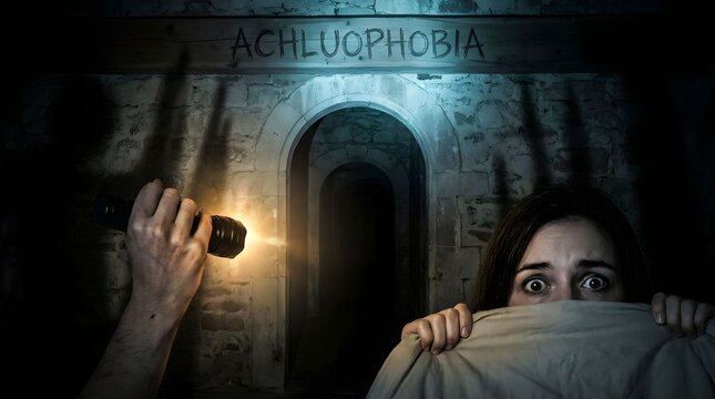 Fear of darkness is shown in a dim place with a person hiding under a blanket while another person shines a flashlight Generative AI