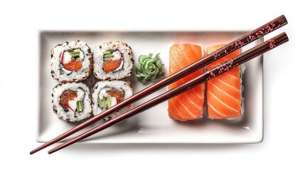 Rectangular plate of sushi rolls with chopsticks.  Top view