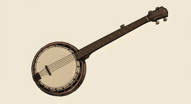 A detailed illustration shows a banjo, brown details, on a beige background