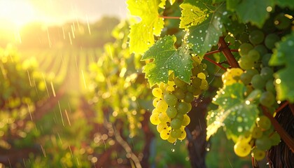 Fresh green grapevine leaves with morning dew in sunlit vineyard field