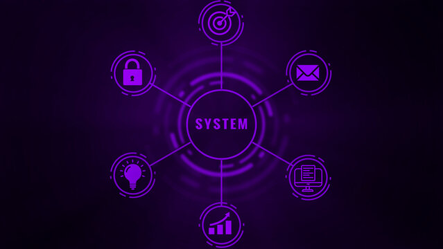 Centralized system concept illustrated with purple neon for security communication innovation growth and goals connected to a central hub labeled SYSTEM on a dark background