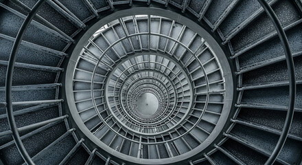 Naklejka premium Looking up the dramatic endless spiral of a dark industrial metal staircase creating powerful geometric patterns and optical illusions of depth