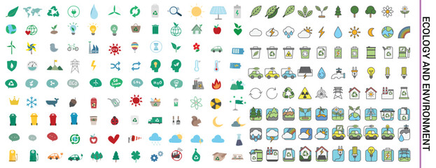 Flat Ecology Environment and Sustainable Green Energy Icon Set