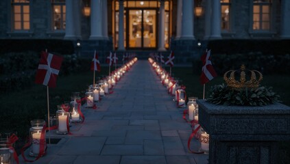 Danish flags and candles illuminate a grand pathway to a stately building at night