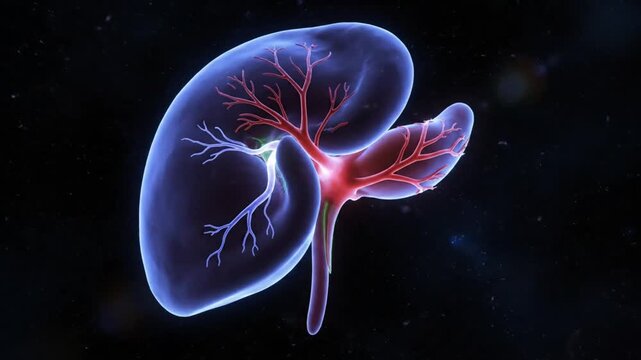 Anatomical Render of a Human Kidney with Veins and Arteries Glowing in Front of a Dark Background