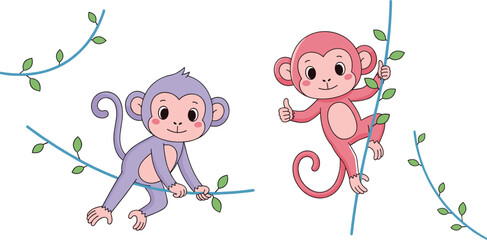 Cute Cartoon Illustration of Two Small Pink and Purple Monkeys Playing on Jungle Vines with Green Leaves for Children Education and Tropical Nature © MstKhodeza