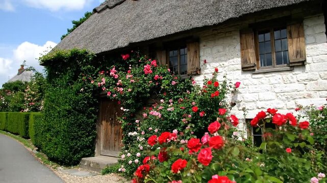 A charming thatched-roof cottage with stone walls, wooden shutters, and lush rose bushes