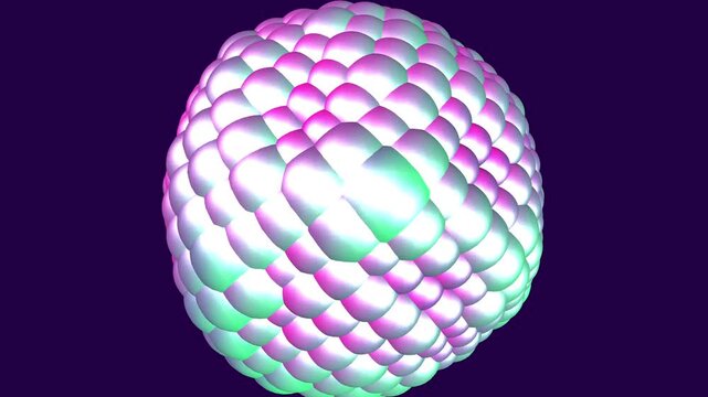 Procedural animation of a spherical cluster of inflating bubbles. Seamless loop of pearlescent soft body geometry breathing rhythmically. 4K abstract biology background.