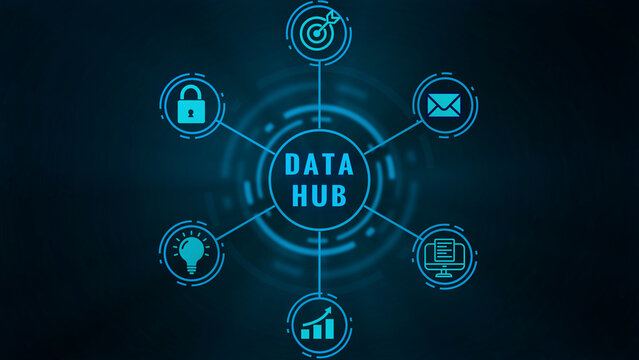 Central data hub diagram with interconnected for goals security communication data analysis and innovation on a dark blue background symbolizing information flow and digital integration