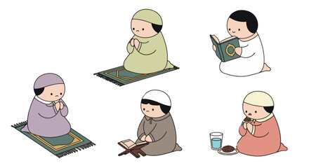 Fototapeta premium Ramadan Activities Cute Muslim Character Set