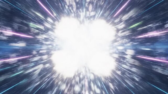 Rapid acceleration through a glowing neon geometric grid tunnel culminating in a blinding bright white light explosion symbolizing speed and digital triumph abstract, energy, digital